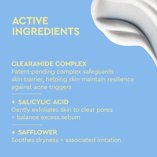 Un graphique informatif bleu clair avec un texte jaune pâle indiquant 'ACTIVE INGREDIENTS' et listant le complexe clearamide, l'acide salicylique et le carthame, ainsi qu'un tourbillon de crème blanche dans le coin supérieur droit.
