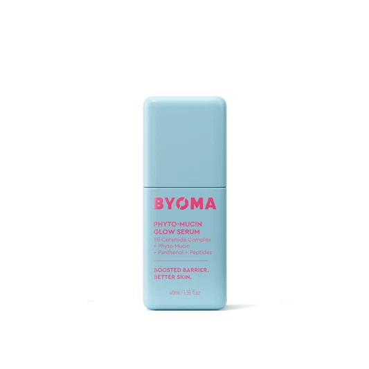 BYOMA Phyto-Mucin Glow Serum dans un flacon bleu clair.