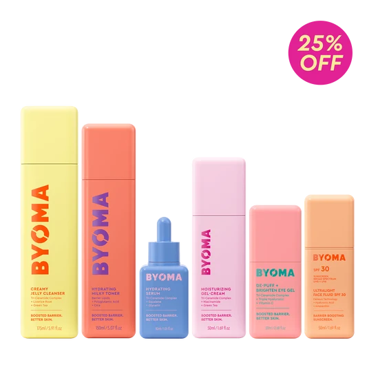 Collection de produits BYOMA Summer Essentials sur fond vert avec un badge -25%.