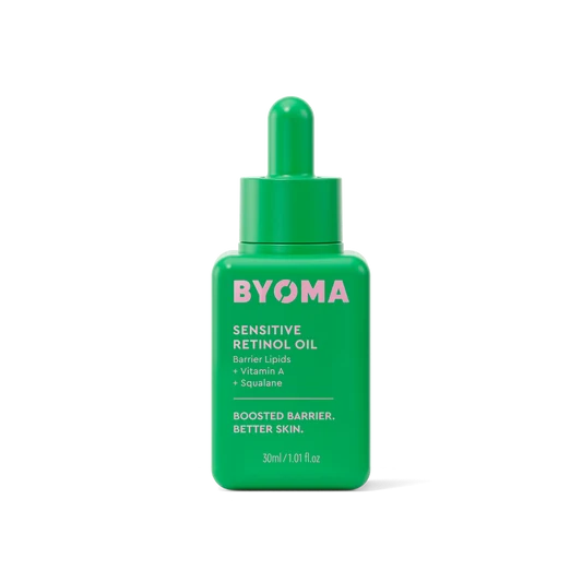 BYOMA Sensitive Retinol Oil dans un flacon vert.