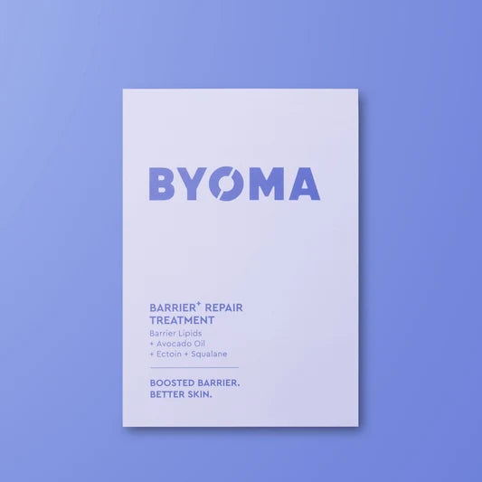 Échantillon de BYOMA Barrier Repair Treatment sur fond bleu