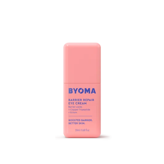 BYOMA Barrier Repair Eye Cream avec lipides barrière, tripeptide de cuivre et ectoïne, dans un flacon rose.